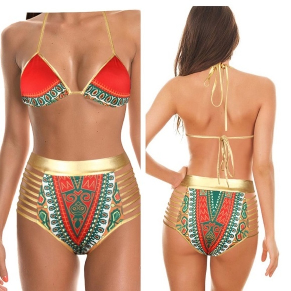 2PC Set Gold/ Red High Waist Swim Set